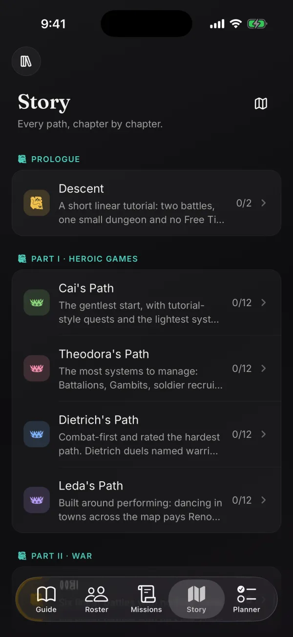 Each hero path, chapter by chapter